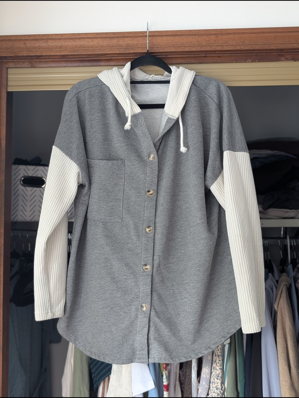 Grey and Cream Hooded Button-Front Sweater